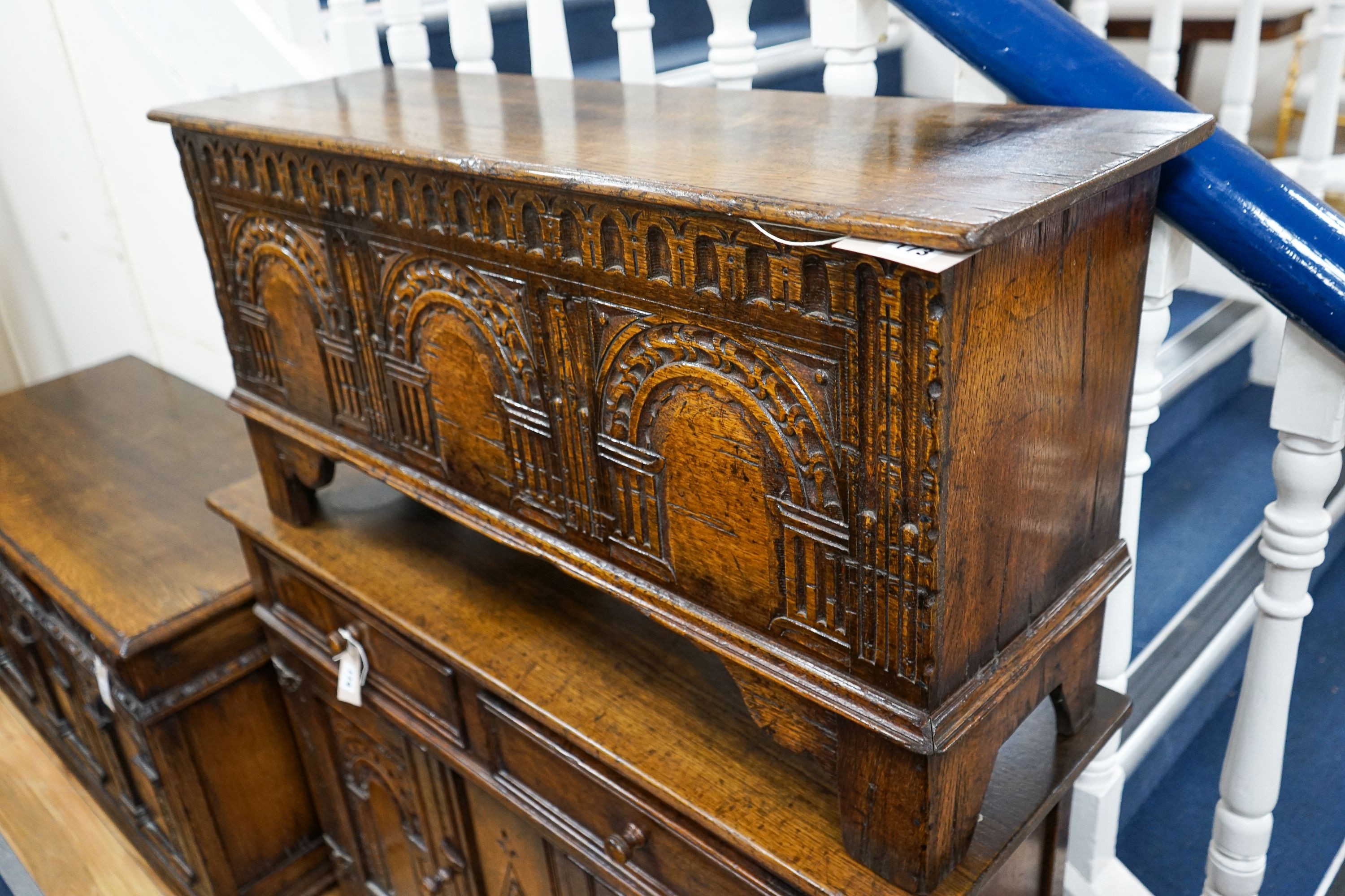 A Titchmarsh & Godwin reproduction small oak coffer, length 99cm, depth 30cm, height 48cm